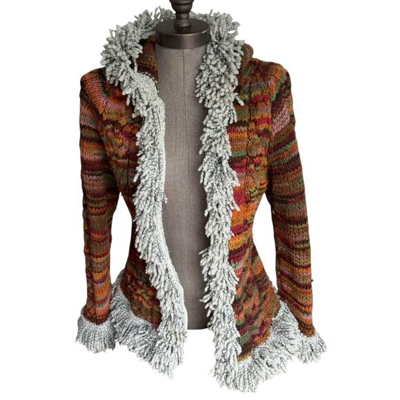 AMANO 100% Wool Cardigan Womens Medium Boho Chunky Hood Fringe Zip Orange - Picture 2 of 10